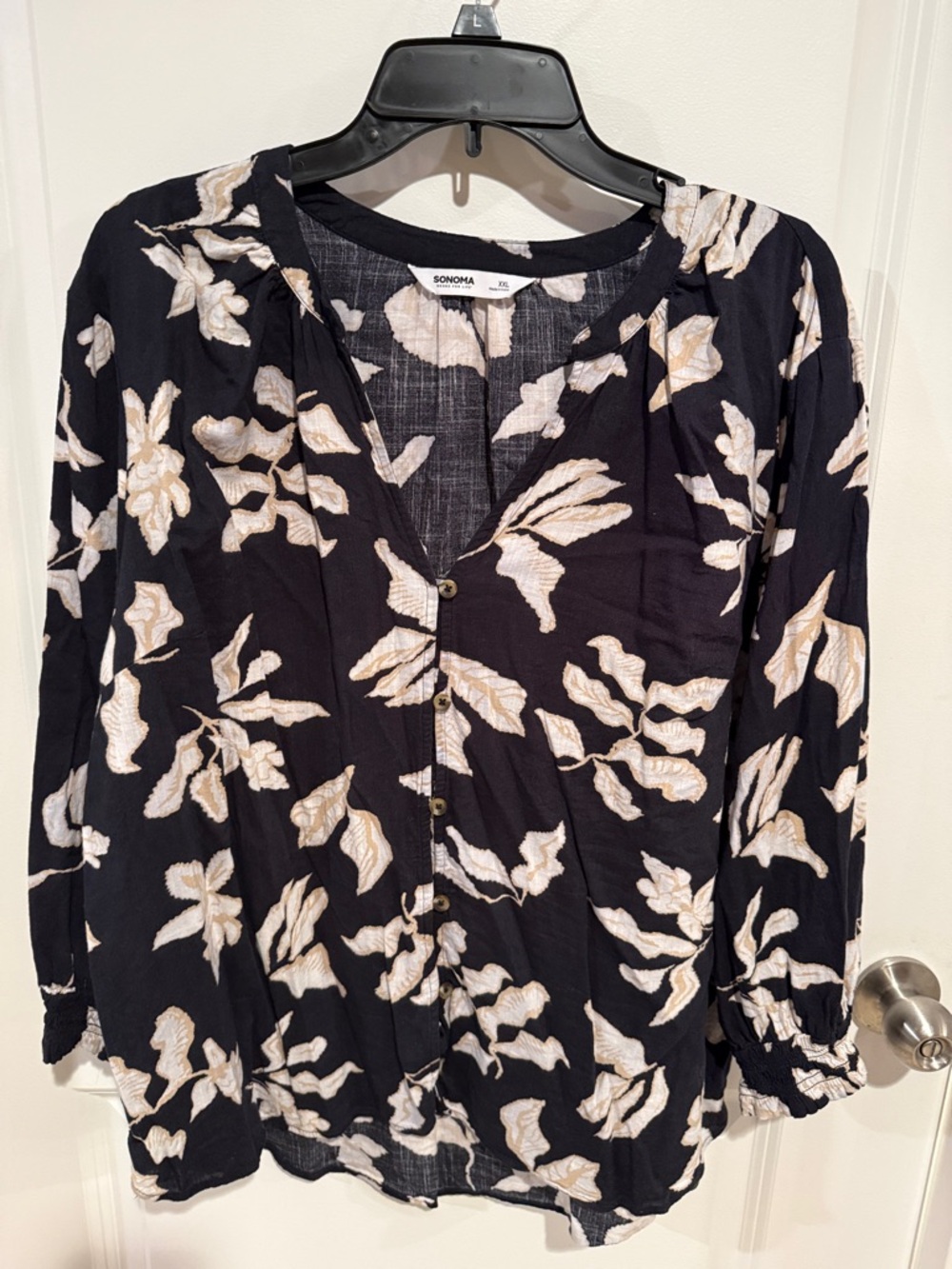 Sonoma Black Blouse with Cream Floral Print